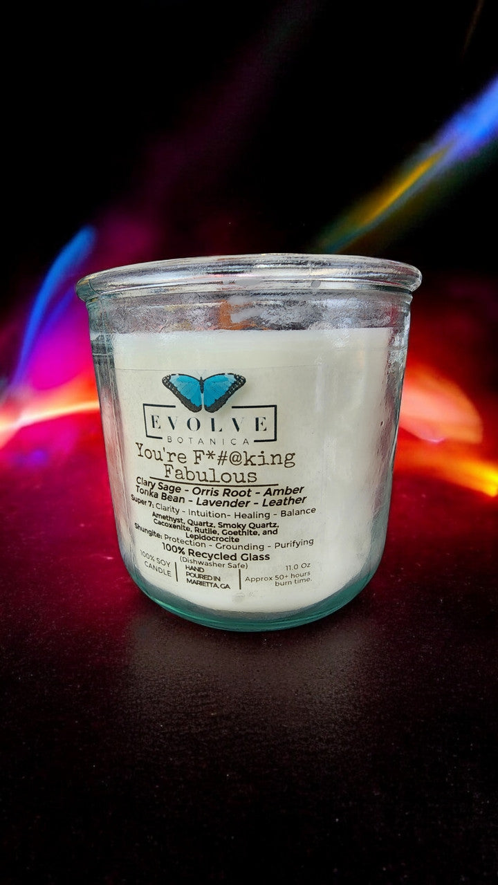 Amethyst, quartz, smoky quartz, and mineral stones in a Rocks Candle by Evolve Botanica, displaying vibrant crystals and natural textures.