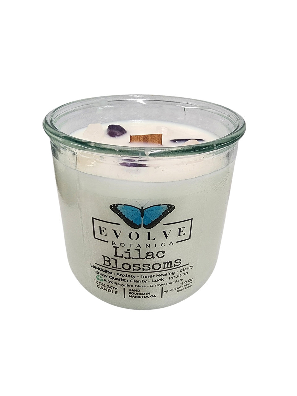 Evolve Botanica Rocks Candle Lilac Blossoms with wood wick and lepidolite gemstone, soy wax candle with floral design and calming colors