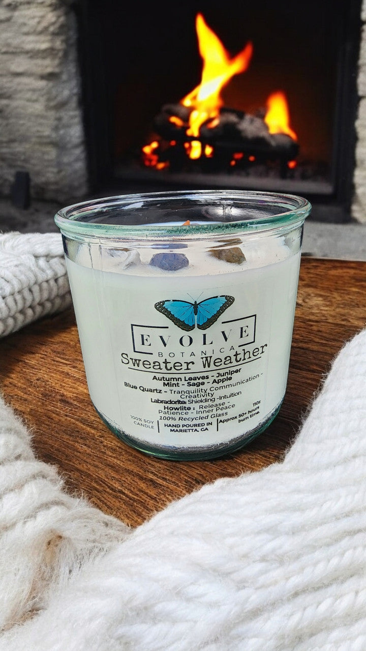 Evolve Botanica Rocks Candle Sweater Weather with wood wick, howlite, labradorite, and sodalite in a soy candle, natural and calming.