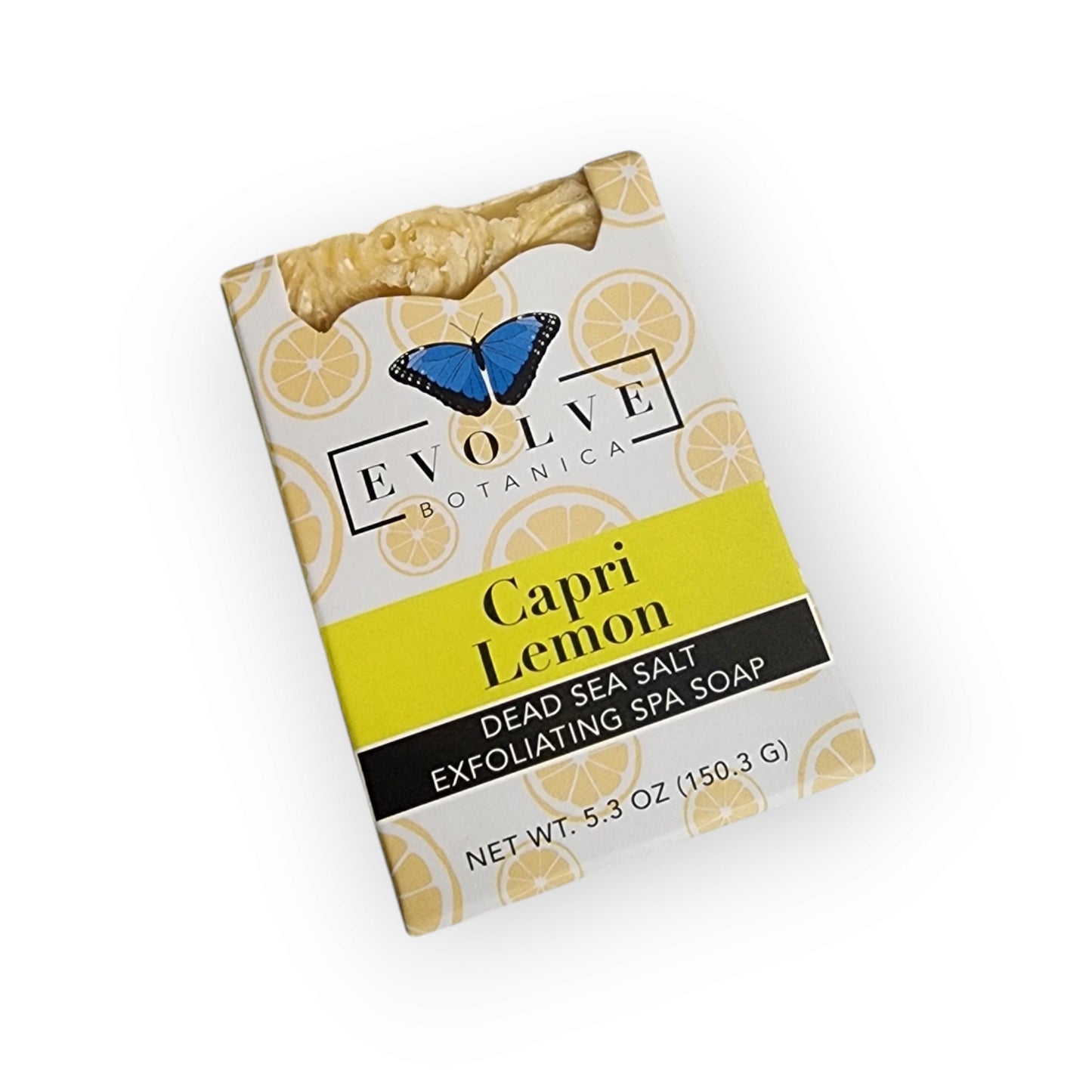 Evolve Botanica Capri Lemon specialty salt soap bar with lemon slices and salt crystals, limited edition skincare product