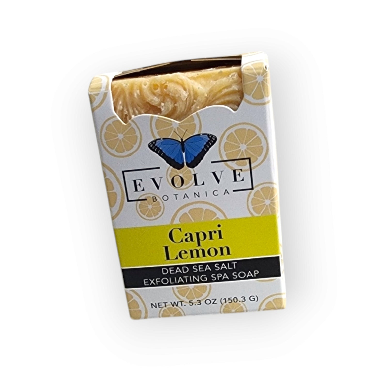 Evolve Botanica Capri Lemon specialty salt soap bar with a bright yellow lemon design on a white soap base.