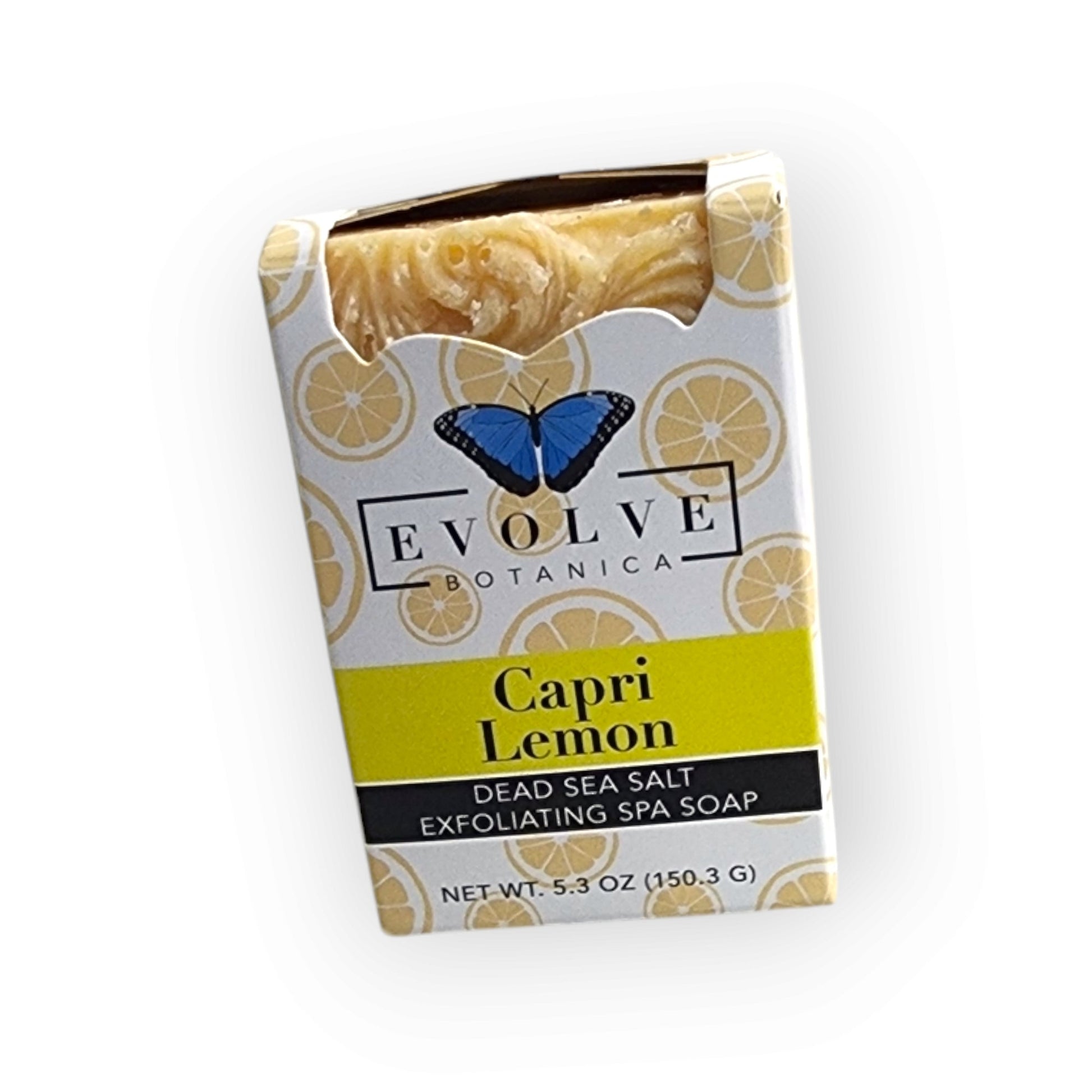 Evolve Botanica Capri Lemon specialty salt soap bar with a bright yellow lemon design on a white soap base.