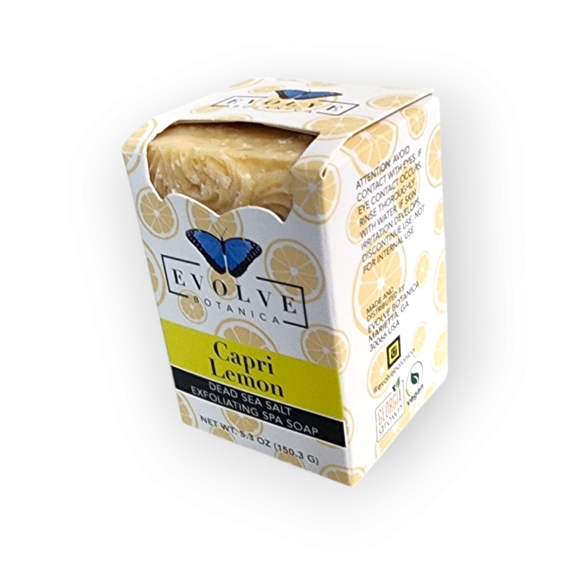 Evolve Botanica Capri Lemon salt soap bar with fresh lemon slices and botanical ingredients on a neutral background
