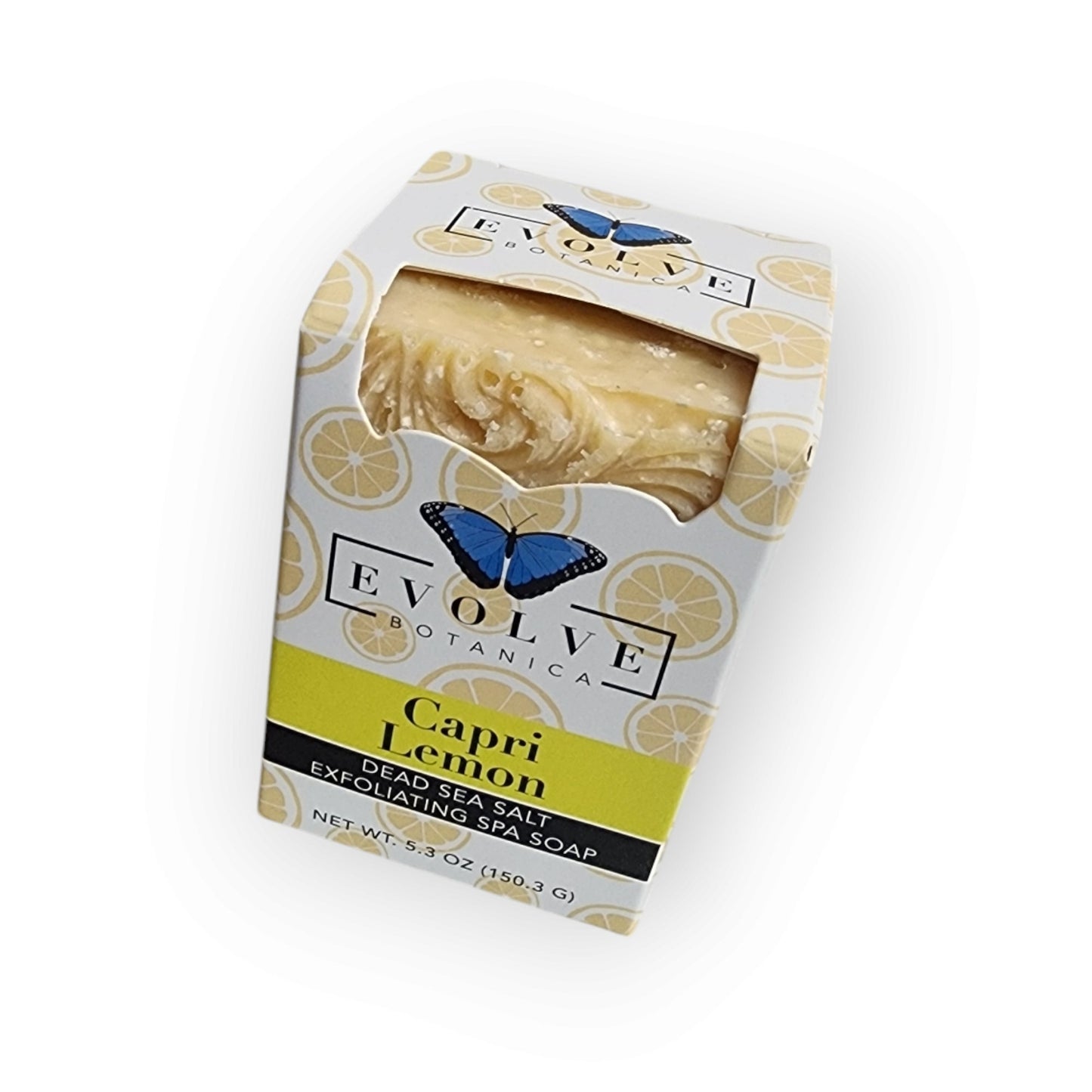 Evolve Botanica Capri Lemon specialty salt soap bar with fresh lemon and botanical ingredients, limited edition skincare product.