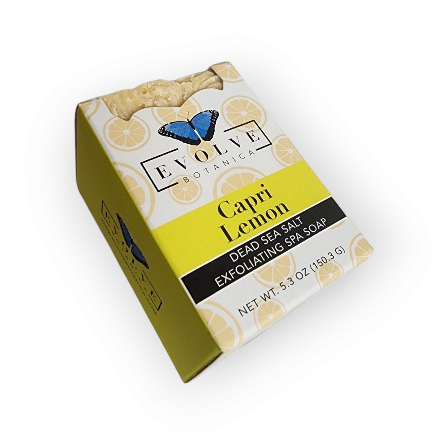 Evolve Botanica Capri Lemon specialty salt bar soap with lemon slices and salt crystals, limited edition skincare product