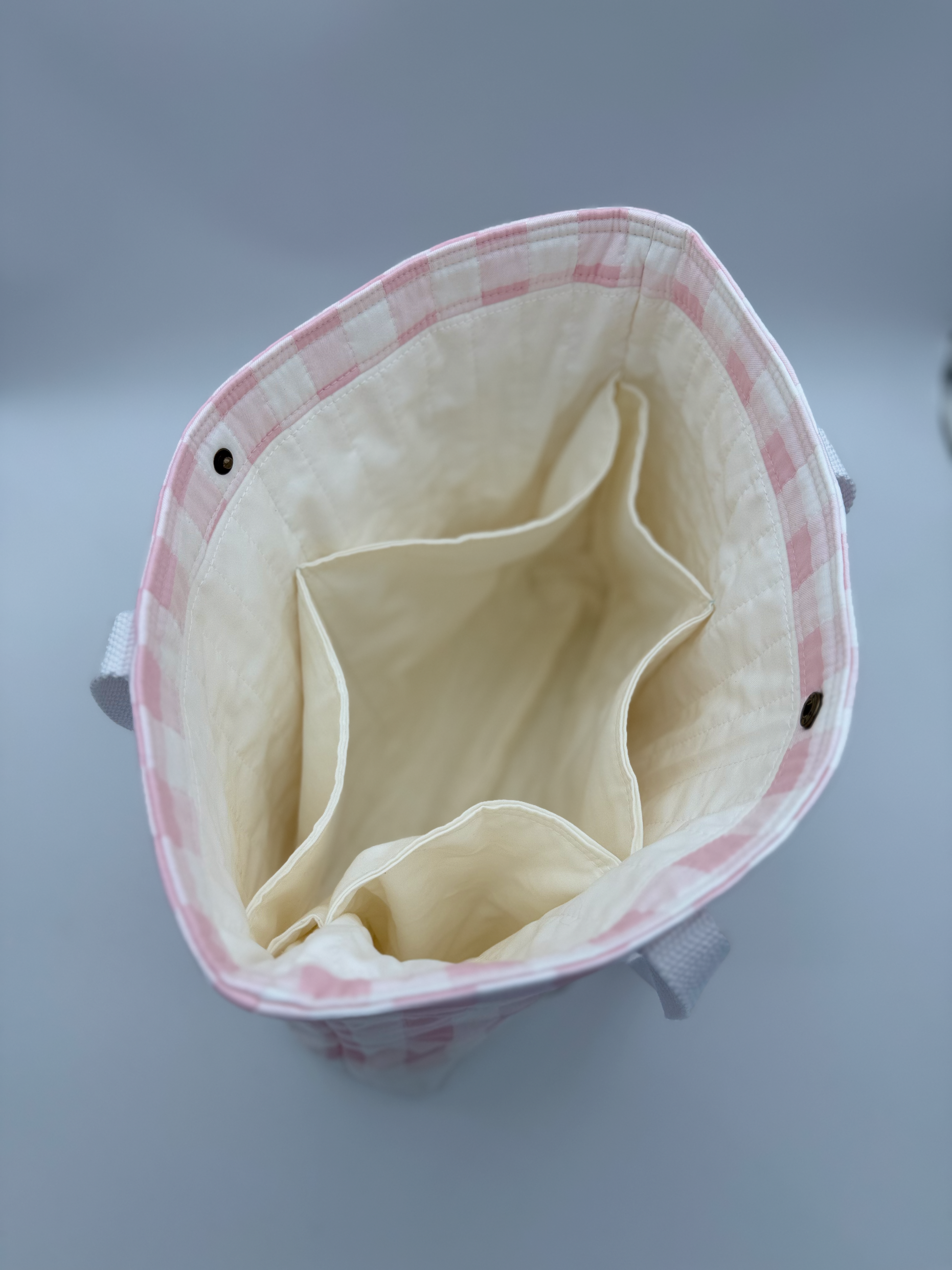 Pink gingham quilted canvas tote bag with interior snap closure, handmade by C2 Creations LLC.