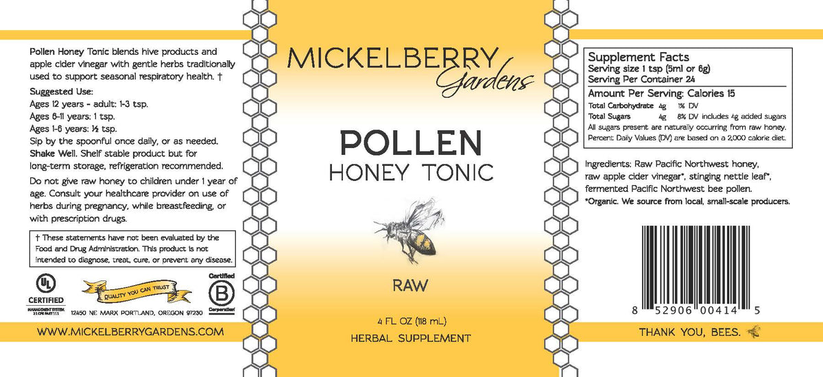 Bottle of Mickelberry Gardens Pollen Honey Tonic with honey and pollen ingredients, labeled as made in the USA.