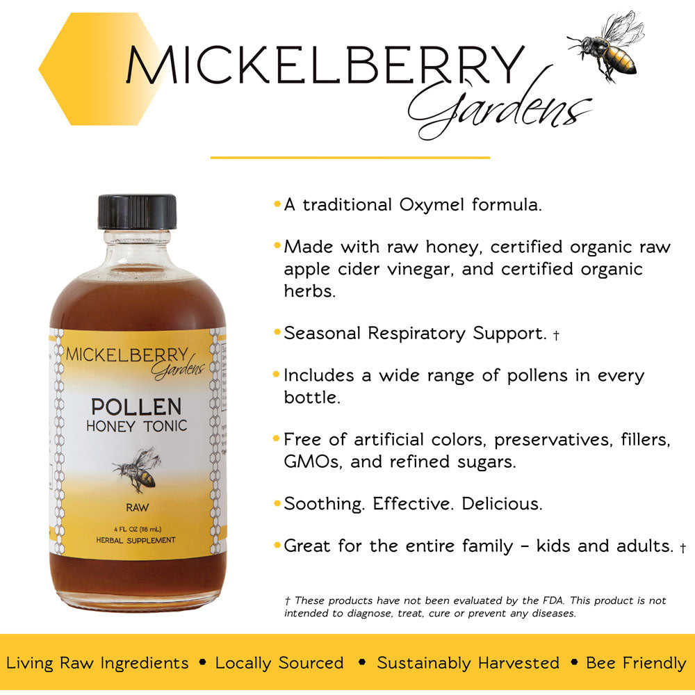 Glass bottle of Mickelberry Gardens Pollen Honey Tonic with raw honey and apple cider vinegar in a natural setting.