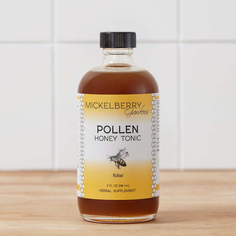 Raw Pollen Honey Tonic made with local Pacific Northwest bee pollen from Mickelberry Gardens, featuring honey and natural herbal ingredients.