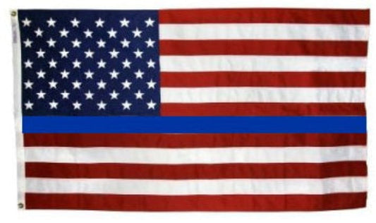 Polyester American flag with Thin Blue Line by Flagman of America, showcasing red, white, blue stripes, and blue line for support.