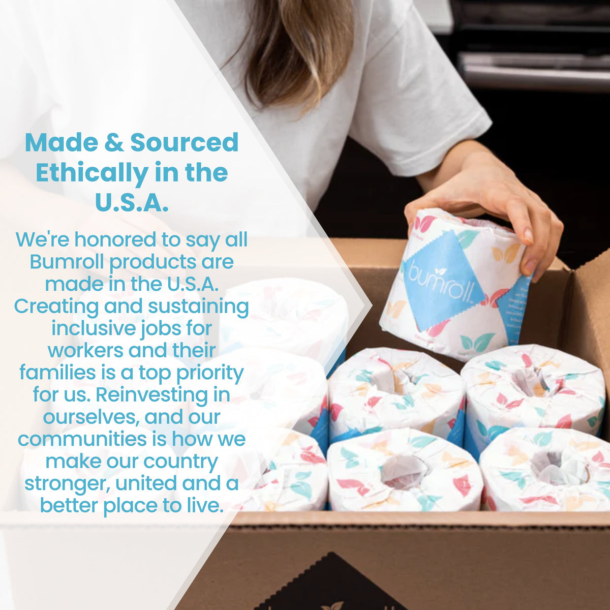 Join Bumroll bamboo toilet paper, eco-friendly and soft, made in the USA with plant-based materials, featuring a roll of premium toilet paper.