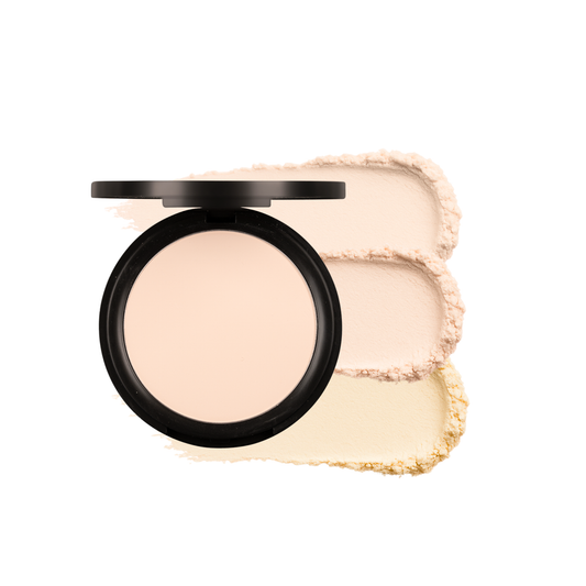 Swatch of Taylor Made Organics pressed setting powder, a natural organic face powder in a compact for setting makeup.