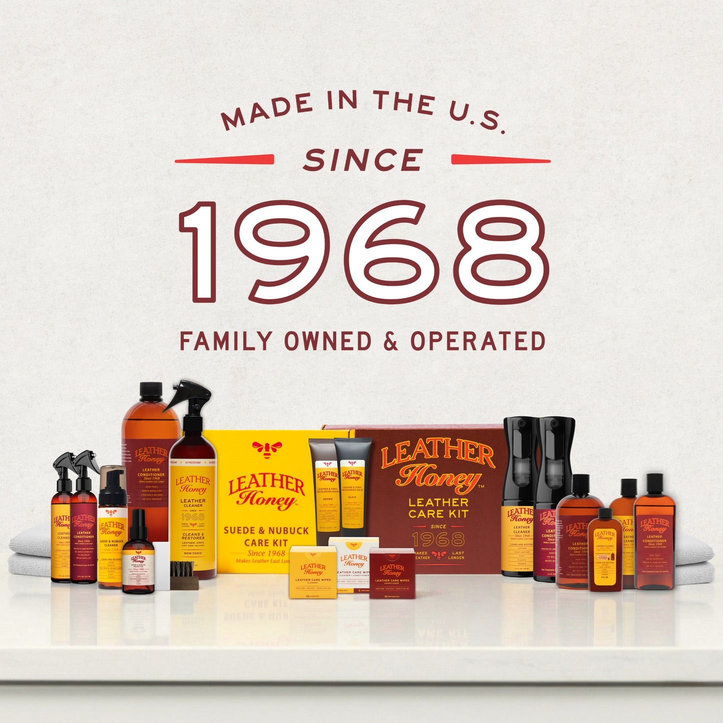 Leather Honey Leather Care Kit with bottles and applicators for cleaning and conditioning leather goods.