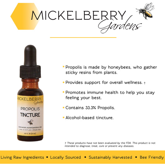 Mickelberry Gardens Propolis Tincture honey tonic in a 2oz bottle, showcasing the natural golden liquid with a dropper for use.