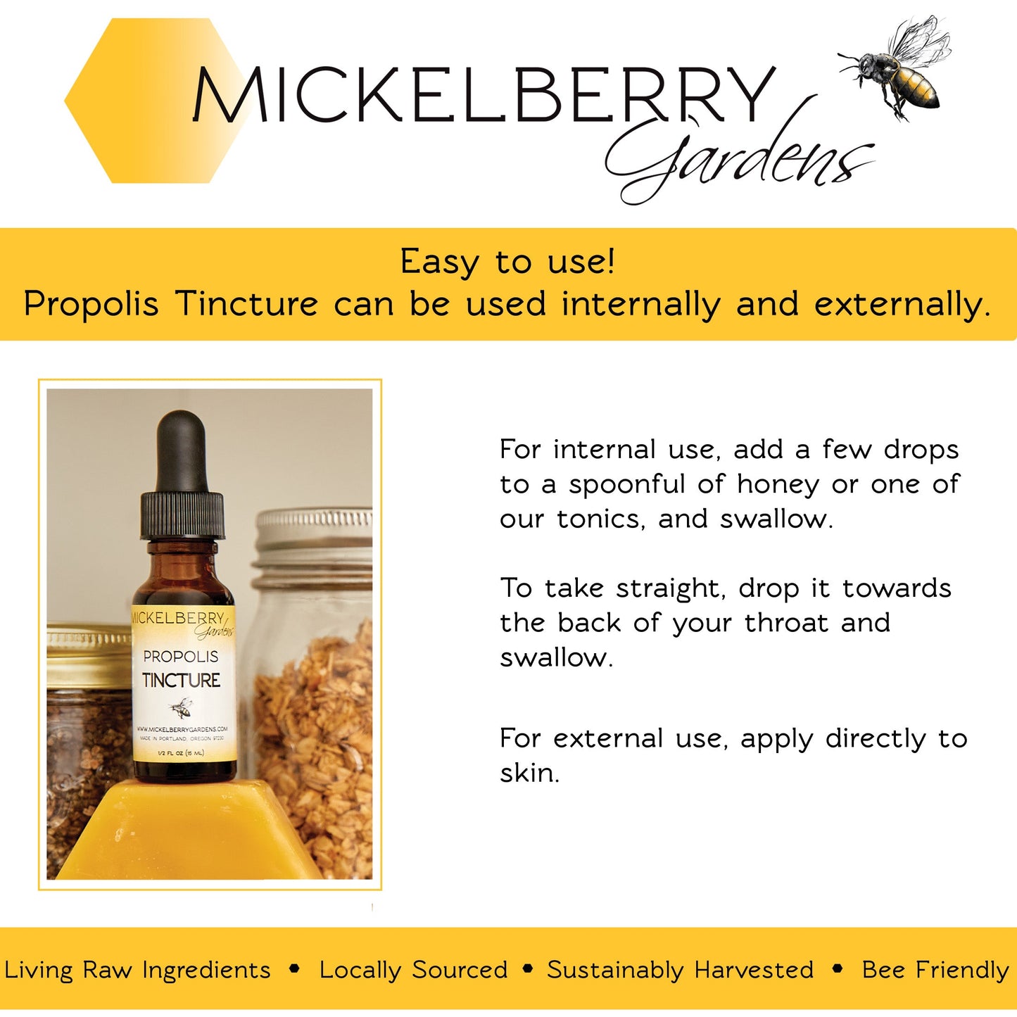 Mickelberry Gardens Propolis Tincture honey tonic bottle with dropper, close-up of the product used for immune health.