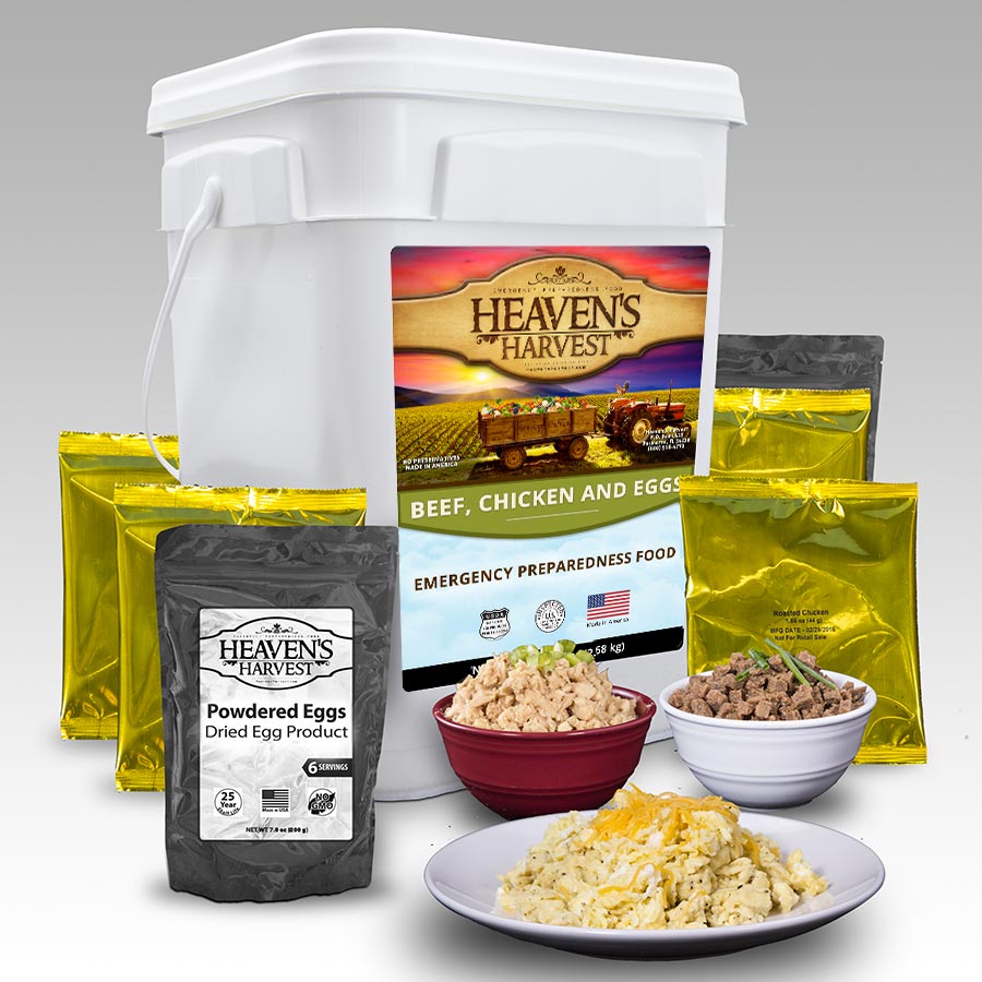 Heaven's Harvest Protein Booster Bucket with new label, 12-pack emergency survival food kit featuring protein-rich meals and snacks.
