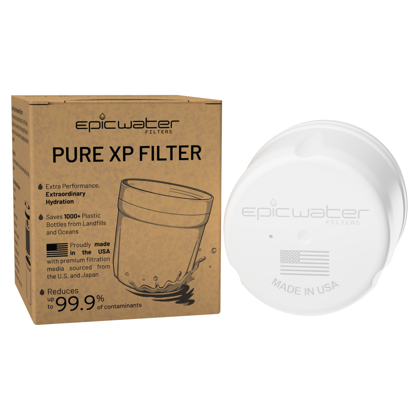 Epic Water Filters USA Pure XP Replacement Filter box showing the filter's packaging and branding for clean water filtration.