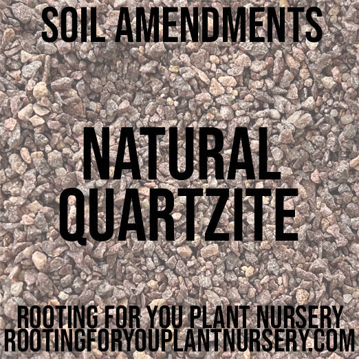 Natural quartzite soil amendment from Rooting For You Plant Nursery, showing rough textured, grayish mineral stones for gardening use.