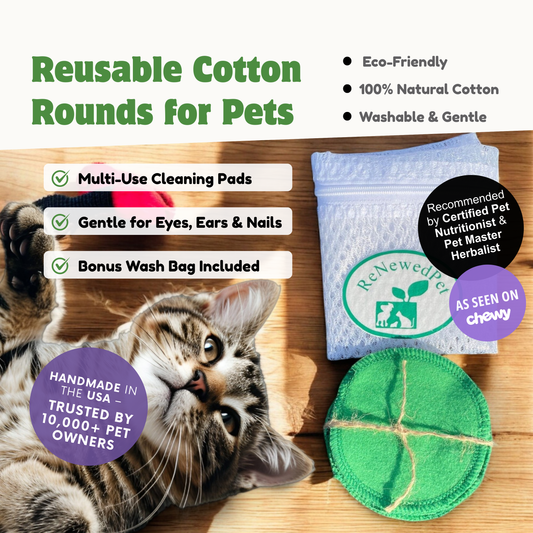 Reusable cotton pads for pets grooming from ReNewedPet, showing soft, washable, eco-friendly pet grooming cotton rounds.