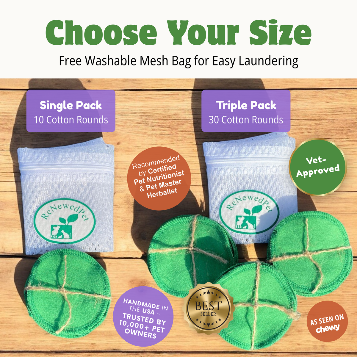 Reusable cotton pads for pet grooming by ReNewedPet, showing soft, round cotton rounds ideal for cleaning pets.