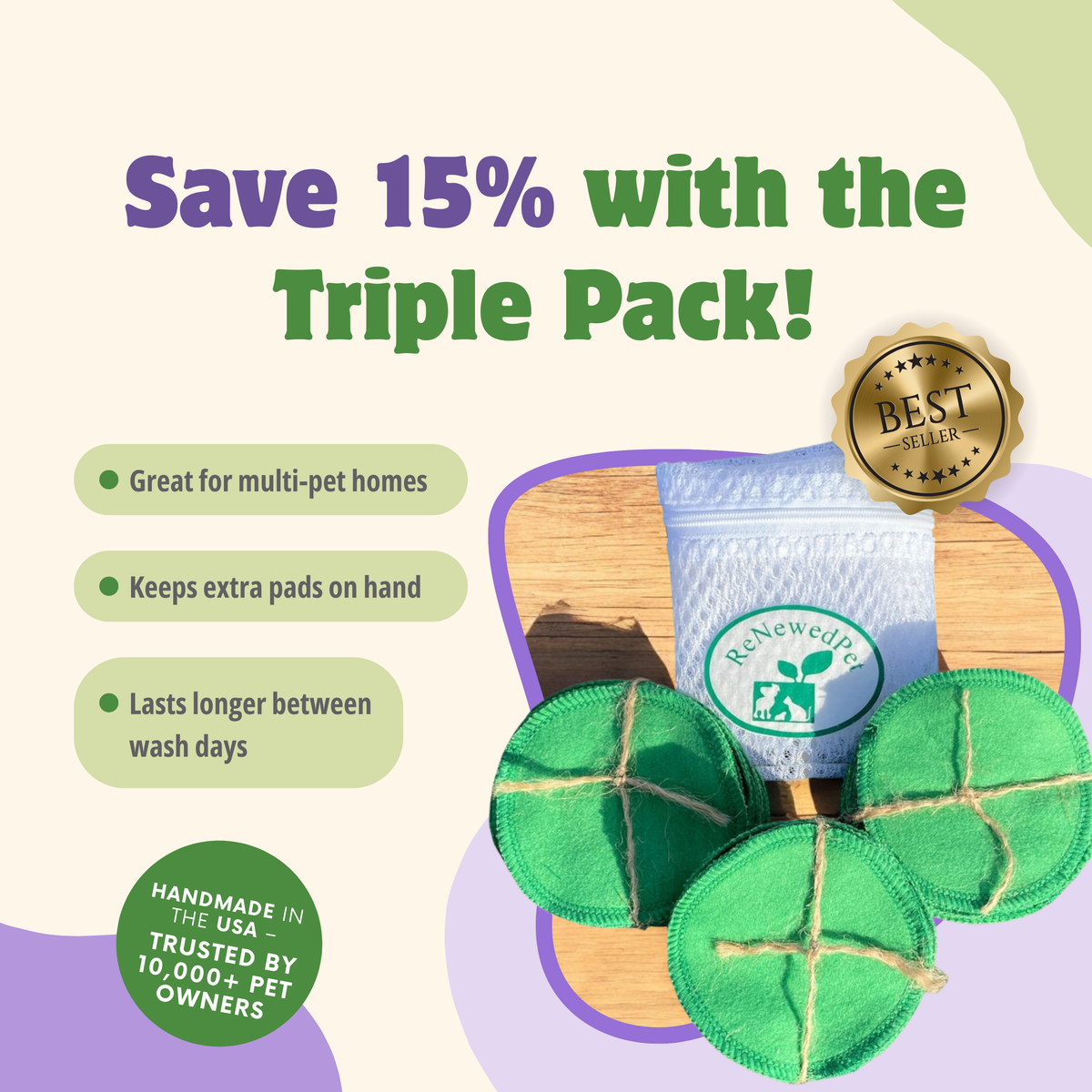 Reusable cotton pet grooming pads by ReNewedPet, soft and absorbent for cleaning and caring for all types of pets.