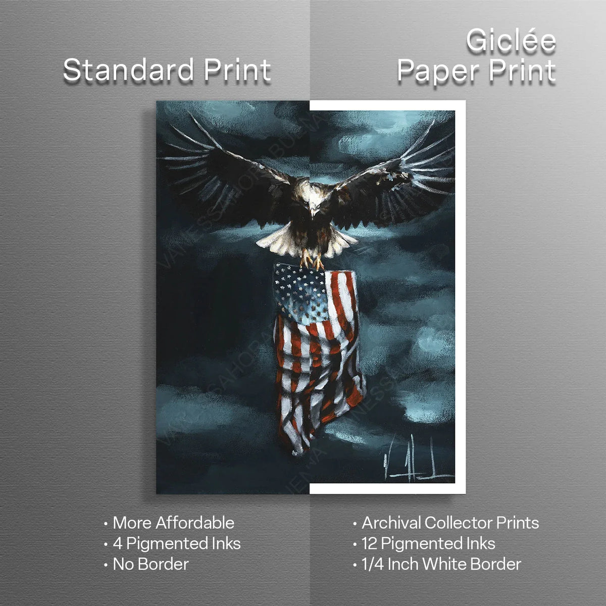 Patriotic art print titled "Revive Our Nation" by Vanessa Horabuena, featuring vibrant American flag and inspiring imagery.
