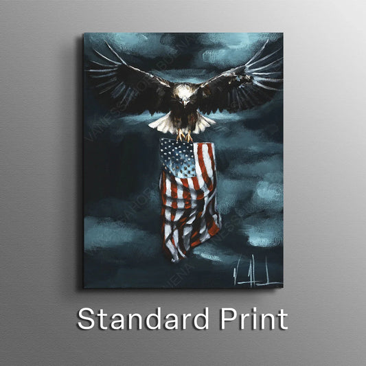 Patriotic art print titled "Revive Our Nation" by Vanessa Horabuena, featuring bold red, white, and blue design elements.