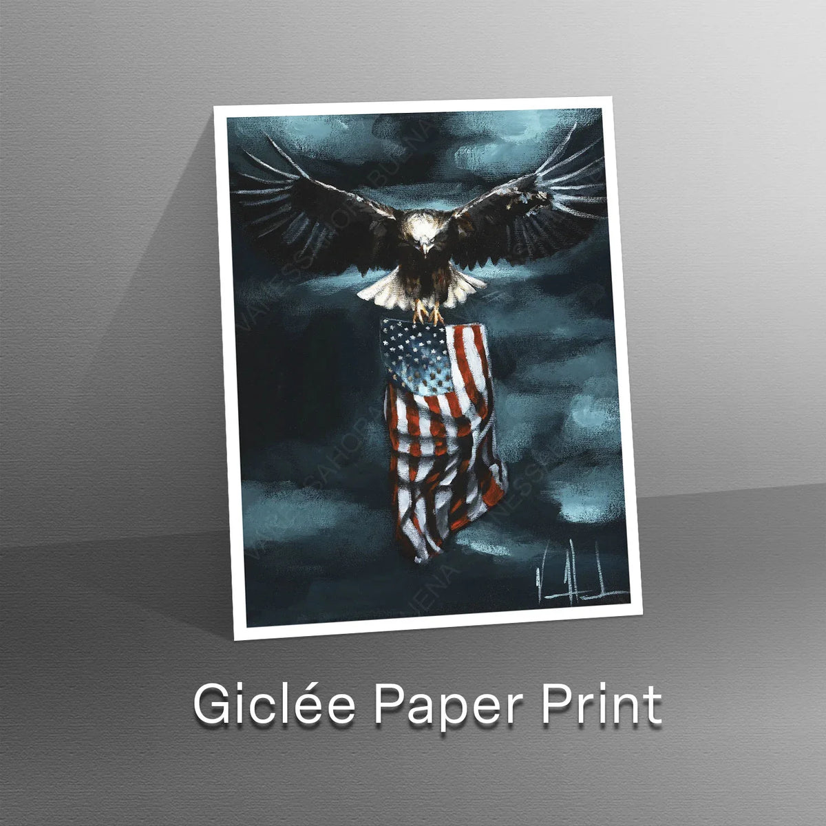 Patriotic art print titled "Revive Our Nation" by Vanessa Horabuena featuring bold American flag imagery on textured paper.