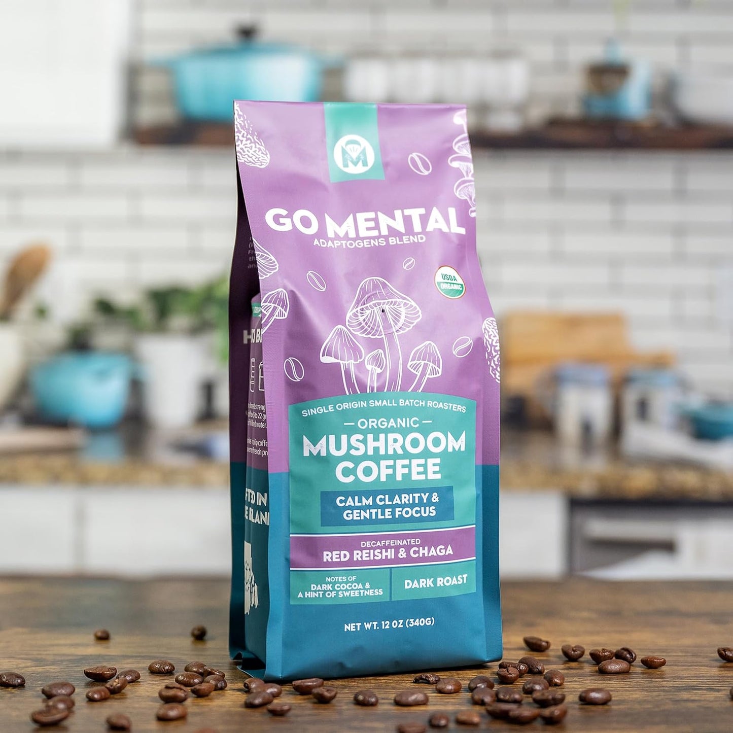 Decaffeinated Red Reishi and Chaga mushroom coffee adaptogens blend in a cup with fresh mushrooms and coffee beans.