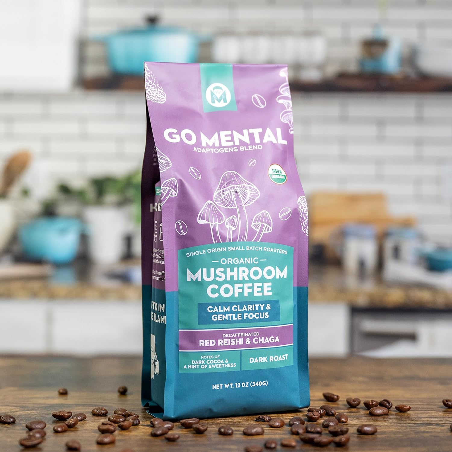 Decaffeinated Red Reishi and Chaga mushroom coffee adaptogens blend in a cup with fresh mushrooms and coffee beans.