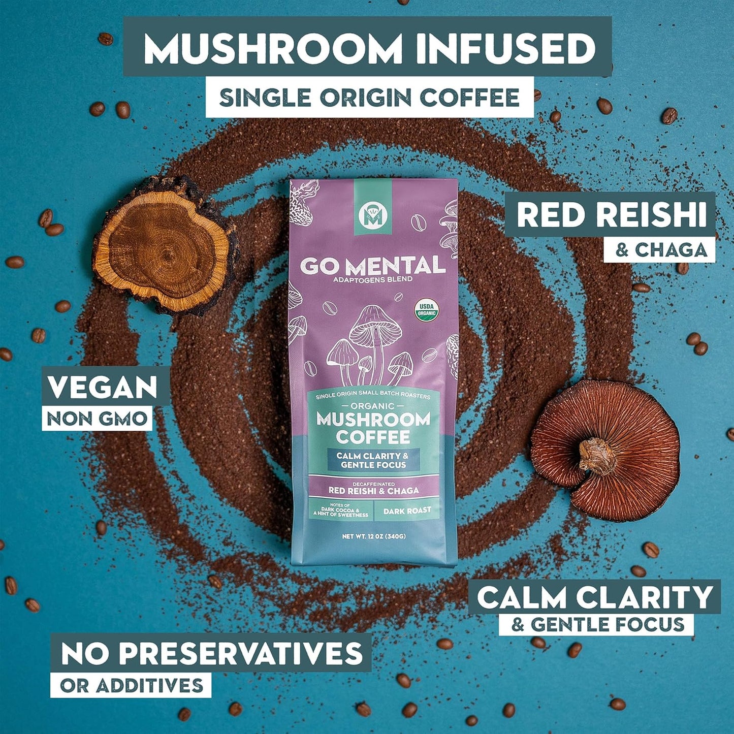 Decaffeinated Red Reishi and Chaga mushroom coffee adaptogens blend by GO MENTAL MUSHROOM COFFEE, featuring a jar of natural mushroom extract powder.