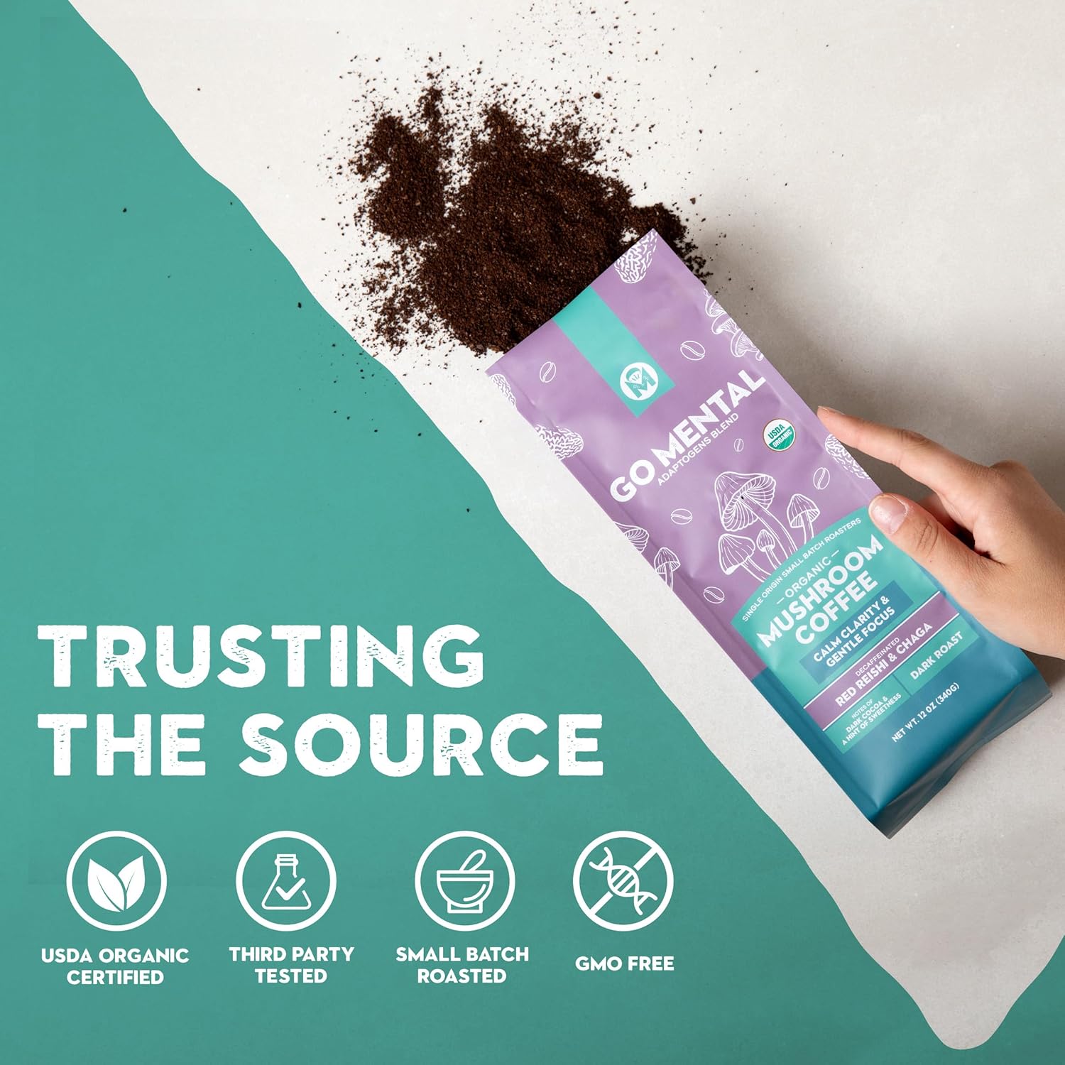 Decaffeinated Red Reishi and Chaga mushroom coffee blend by GO MENTAL MUSHROOM COFFEE, featuring a rich, earthy beverage with adaptogens.