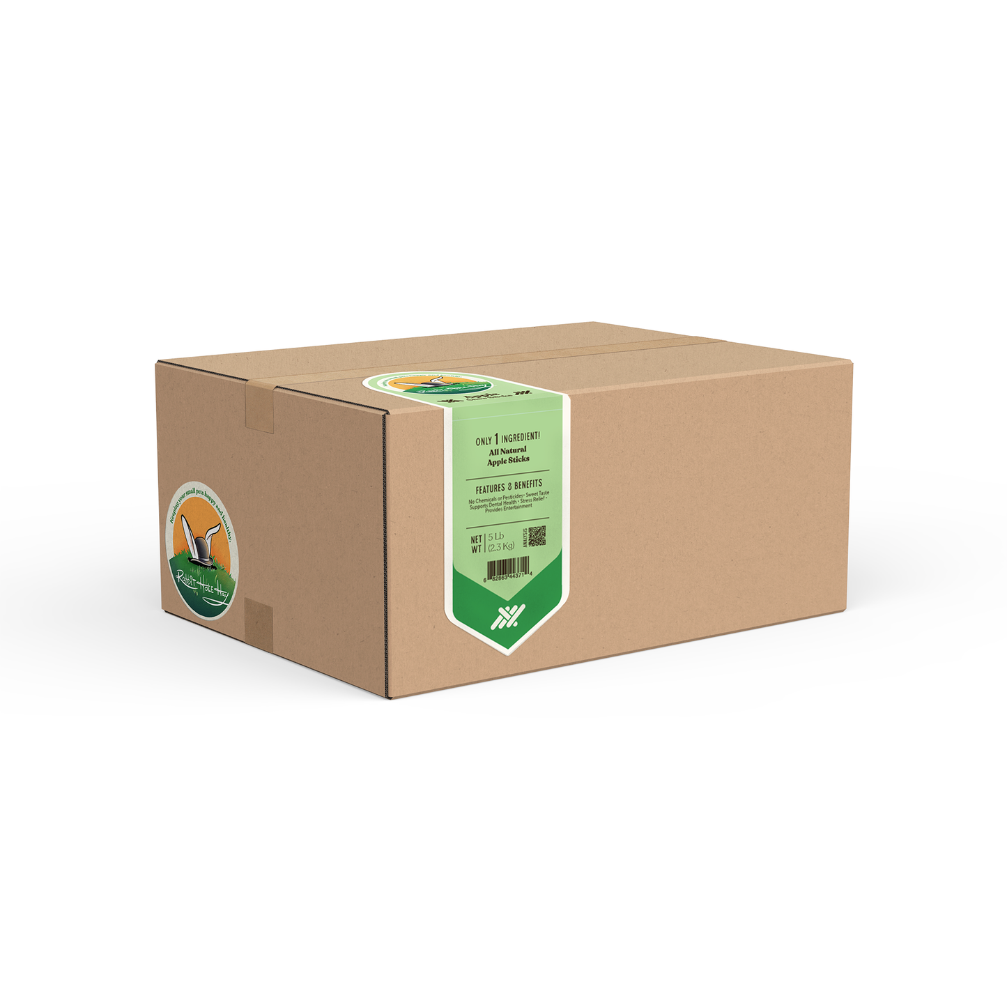 Natural apple chew sticks for small animals, Rabbit Hole Hay brand, featuring hay and apple flavor in a chew toy designed for pets.