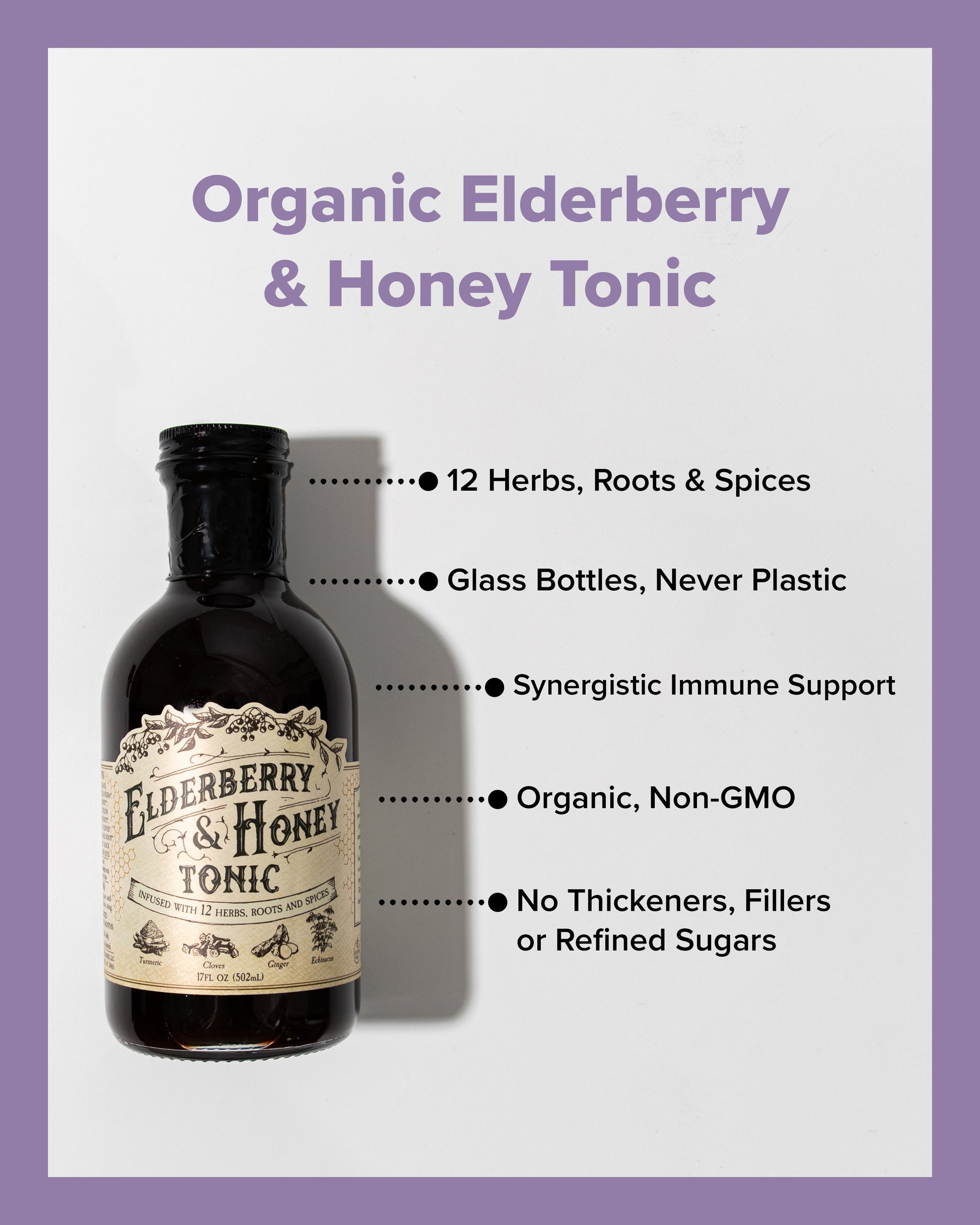 Elderberry and honey tonic bottle from Roots and Leaves LLC, with a dark glass bottle and label featuring elderberries and honey imagery.