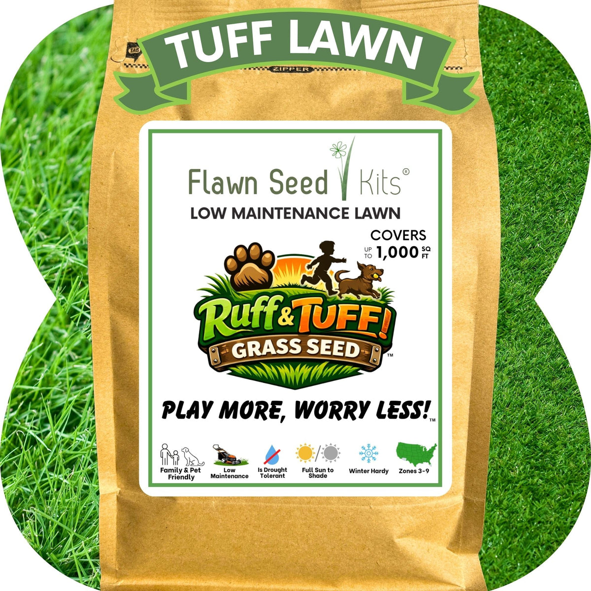 Flawn Seed Kits RUFF and TUFF! grass seed tape, showing green grass seeds in the seed tape for lawn planting.