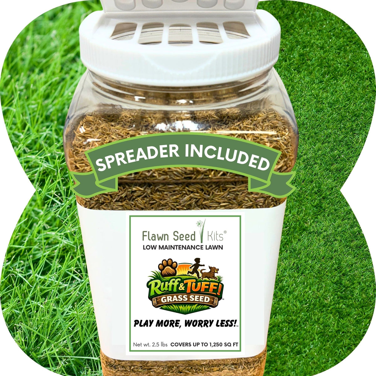 Flawn Seed Kits RUFF and TUFF! grass seed and seed tape in a 2.5lb bag, showing the seed and tape for lawn planting.