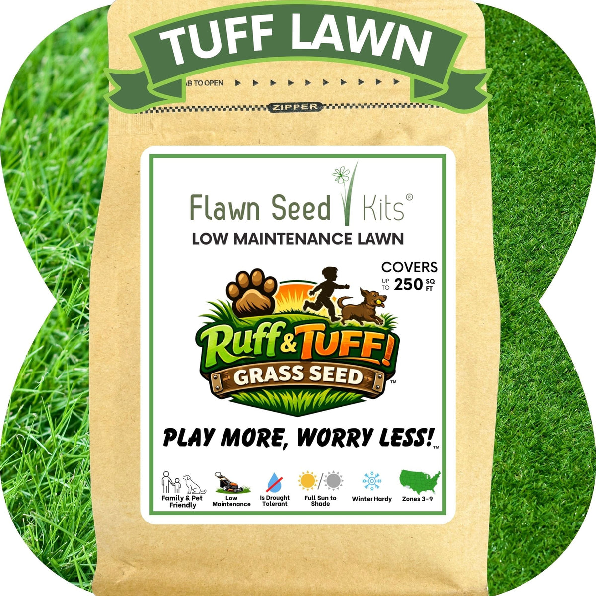 Flawn Seed Kits RUFF and TUFF! grass seed tape showing green grass seeds aligned in biodegradable tape on a white background.