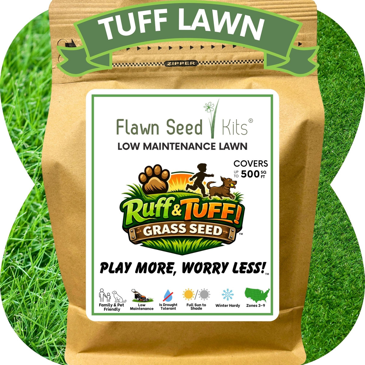 Grass seed and seed tape from Flawn Seed Kits' RUFF and TUFF! product, showing the seed packets and tape for lawn planting.