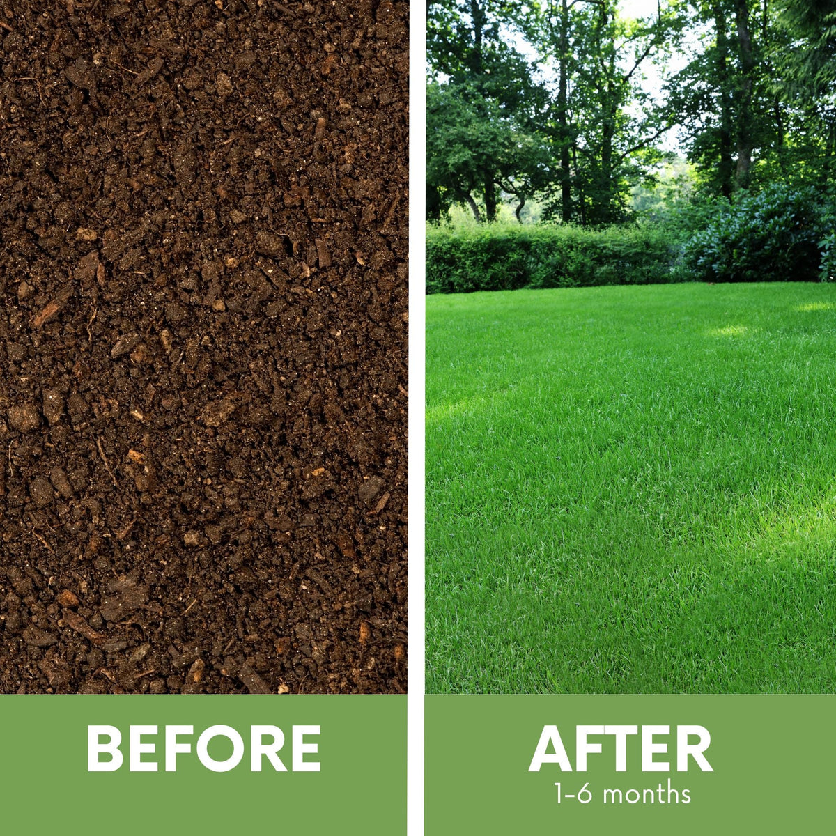 Before and after images of RUFF and TUFF! Grass Seed from Flawn Seed Kits, showing lush grass growth and healthy seed tape application.