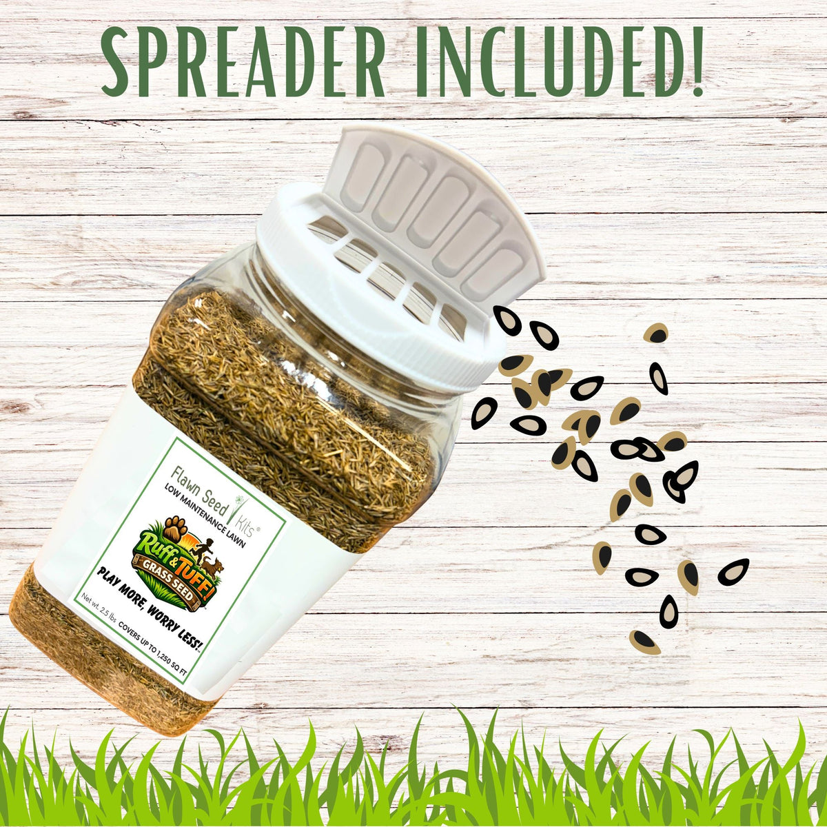 Flawn Seed Kits RUFF and TUFF! grass seed in a spreader for easy lawn planting, featuring seed tape for even coverage.