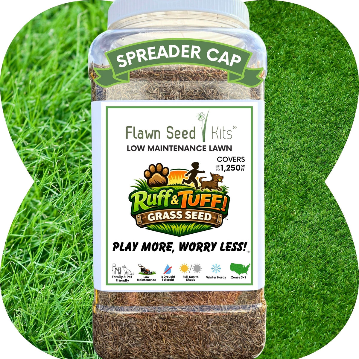 Flawn Seed Kits RUFF and TUFF! grass seed tape for lawns, showing the seed tape with grass seeds ready for planting.