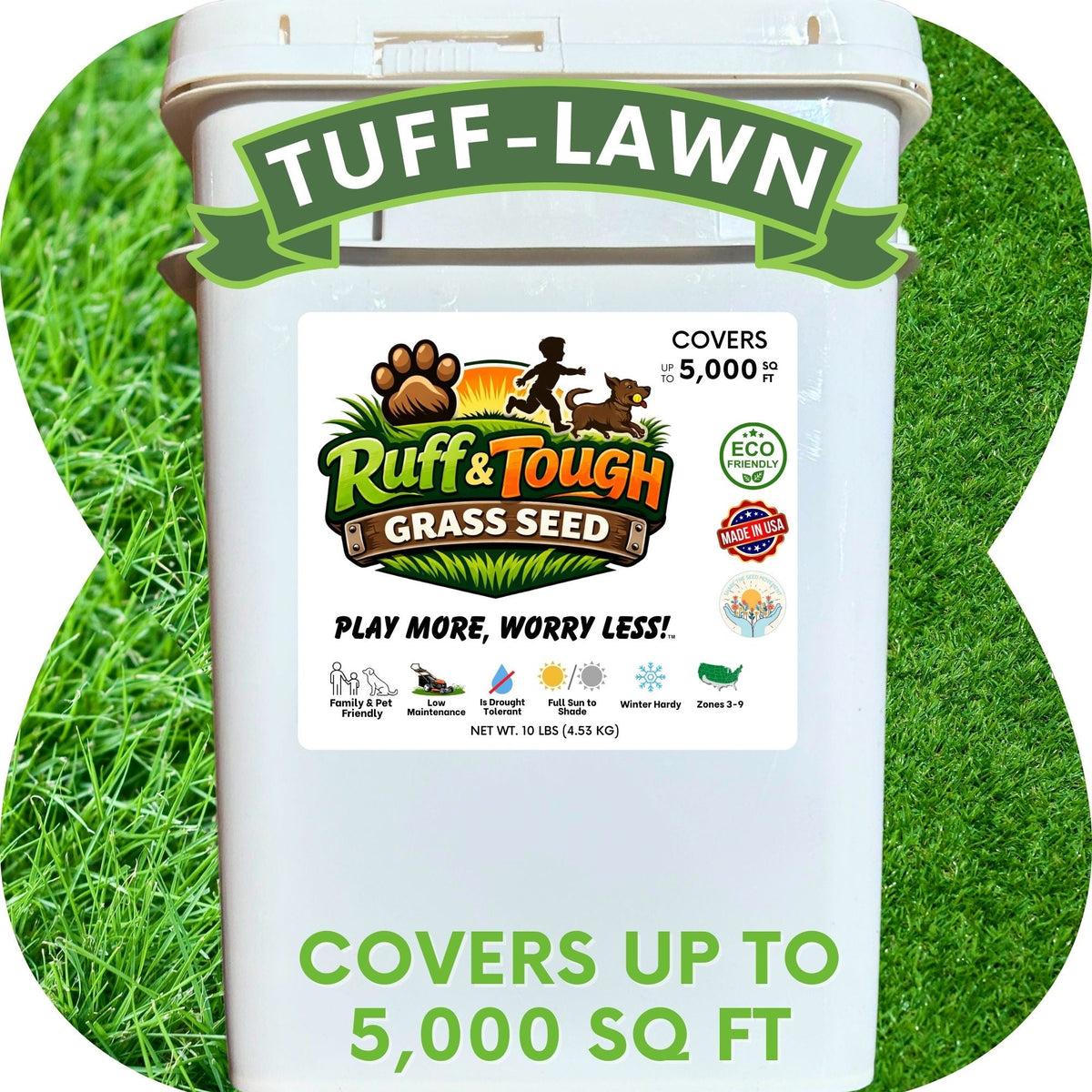 Flawn Seed Kits RUFF and TUFF! grass seed tape for lawn growth, shown in package with seed strips for easy planting.