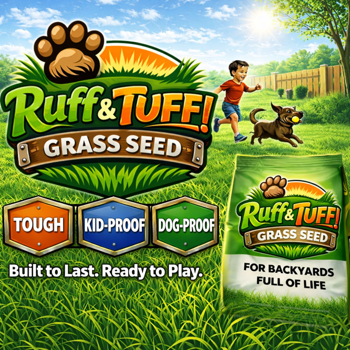Fresh RUFF and TUFF! grass seed tape by Flawn Seed Kits, showing green seed tape ready for planting in a garden.