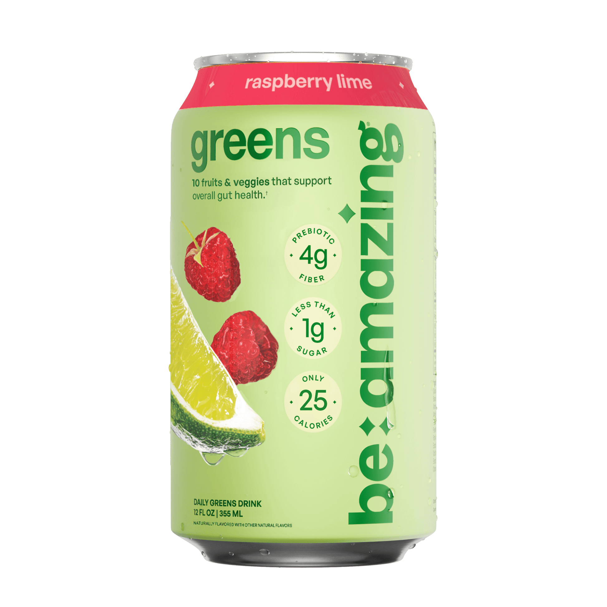 Be Amazing Raspberry Lime Daily Greens Drink in a clear RTD bottle with fresh raspberry and lime slices visible.