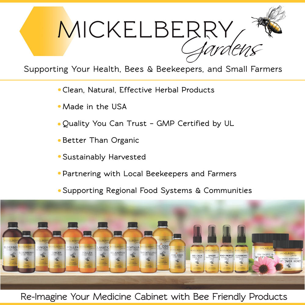 Raw apple cider vinegar and honey herbal tonic in a glass bottle, part of Mickelberry Gardens' Pollen Honey Tonic collection.