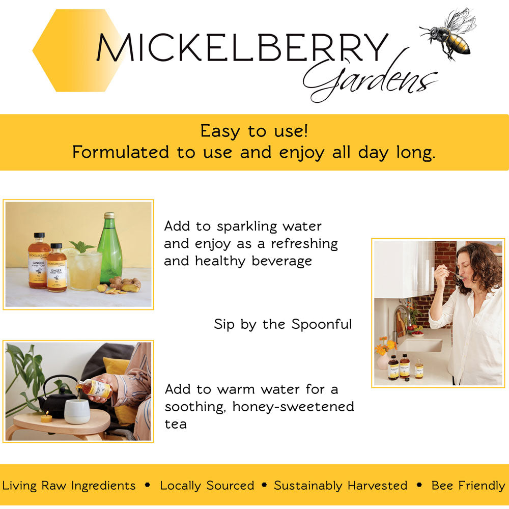 Raw oxymel honey tonic with Willamette Valley bee pollen, featuring a glass bottle and fresh bee pollen grains from Mickelberry Gardens.