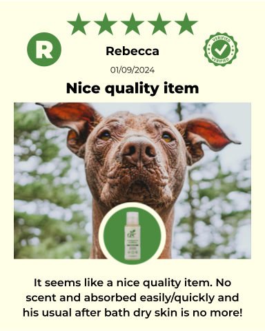 Rebecca with 4-Hairless Pets Sensitive Conditioner by ReNewedPet, showcasing the product bottle and label on a clean background.