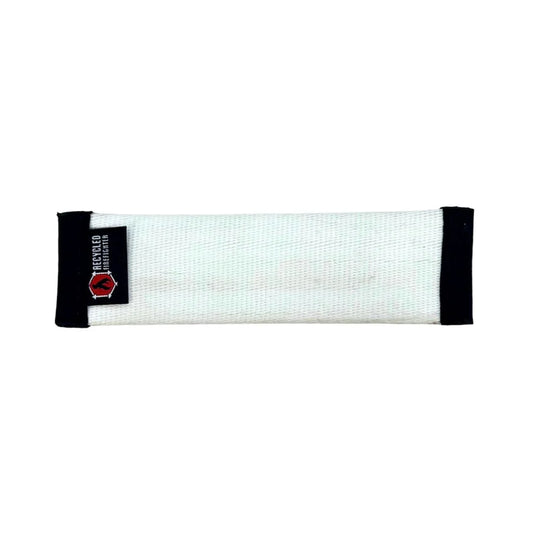 Recycled Firefighter Recycled Fire Hose Dog Fetch Toy in white and black for durable pet play and fetch games.