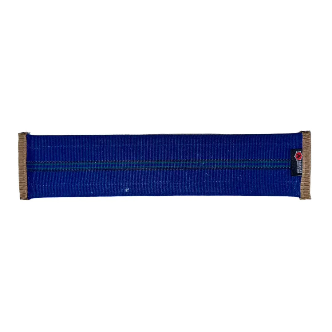 Recycled Firefighter blue fire hose dog fetch toy, durable and eco-friendly for dogs to chew and play fetch.