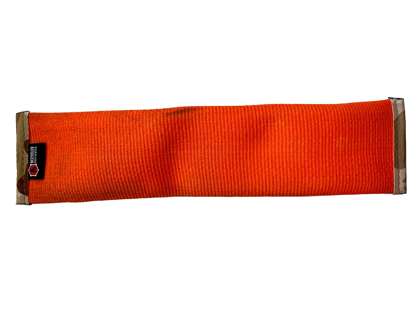 Recycled Firefighter orange fire hose dog fetch toy, durable and eco-friendly for playful fetch sessions.